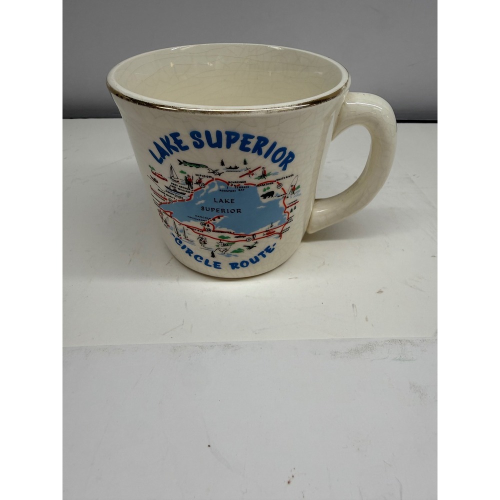 Vintage Lake Superior Circle Route Souvenir Mug 22K Gold Rim Canada USA Orig